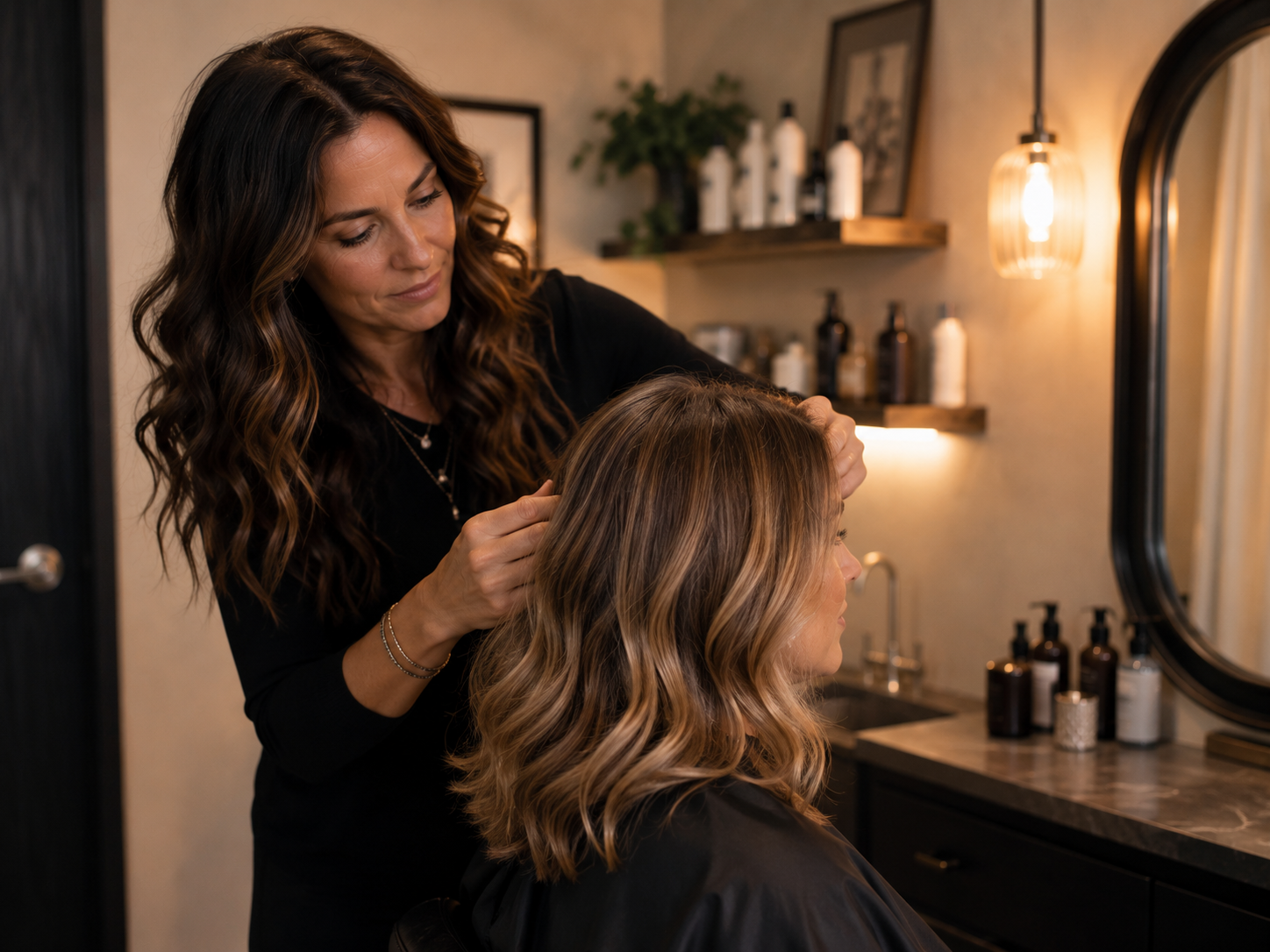 private hair salon — woman admiring finished hair in salon mirror